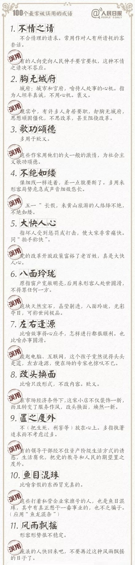 人民日報總結(jié)了100個最常被誤用的成語，給孩子看看，別再用錯了！